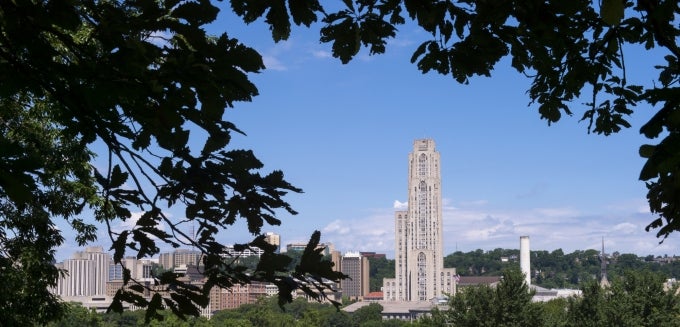 The Cathedral of Learning behind some tree branches